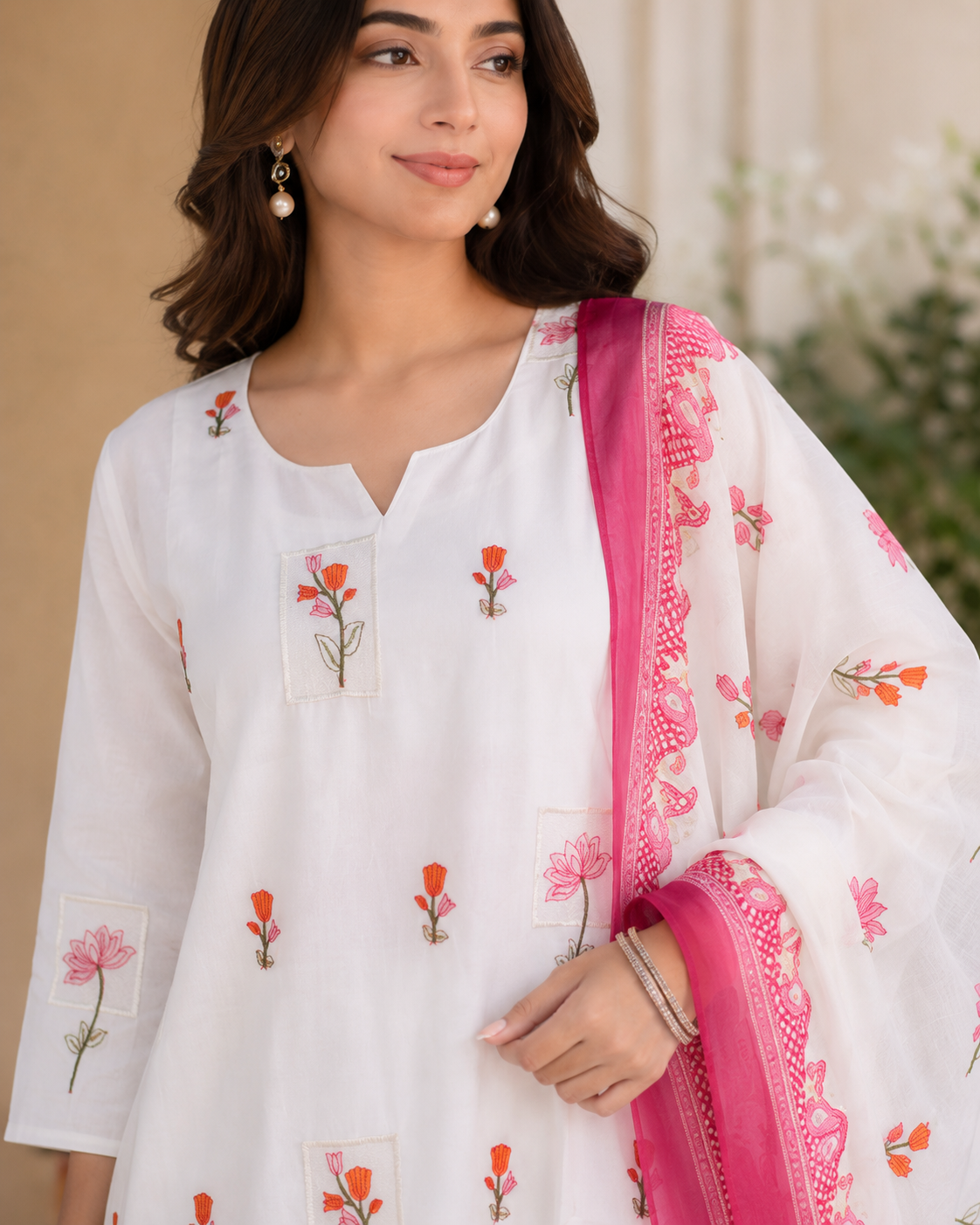 White Mal Chanderi Floral Embroidered Kurta Set with Digital Print Dupatta & Cotton paint 3-Piece Ethnic Set
