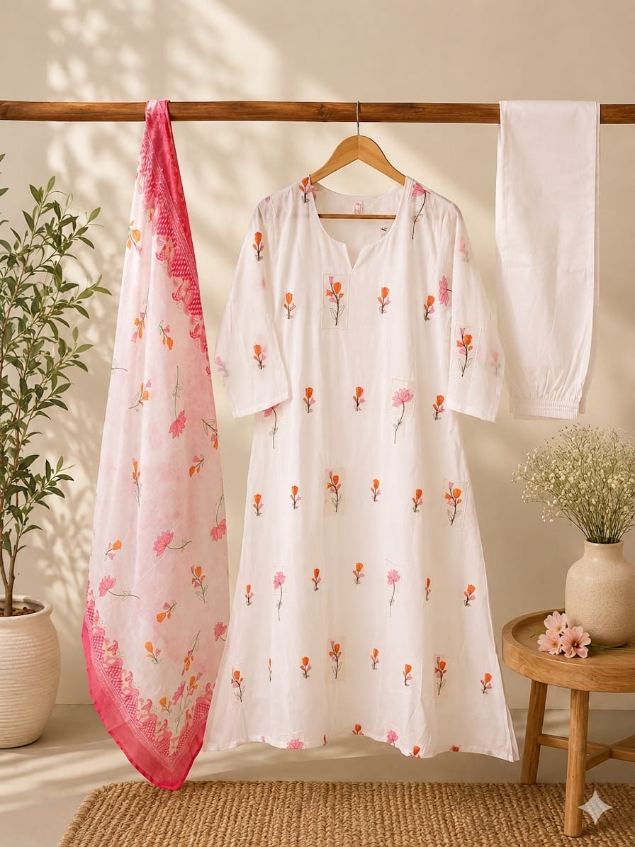 White Mal Chanderi Floral Embroidered Kurta Set with Digital Print Dupatta & Cotton paint 3-Piece Ethnic Set