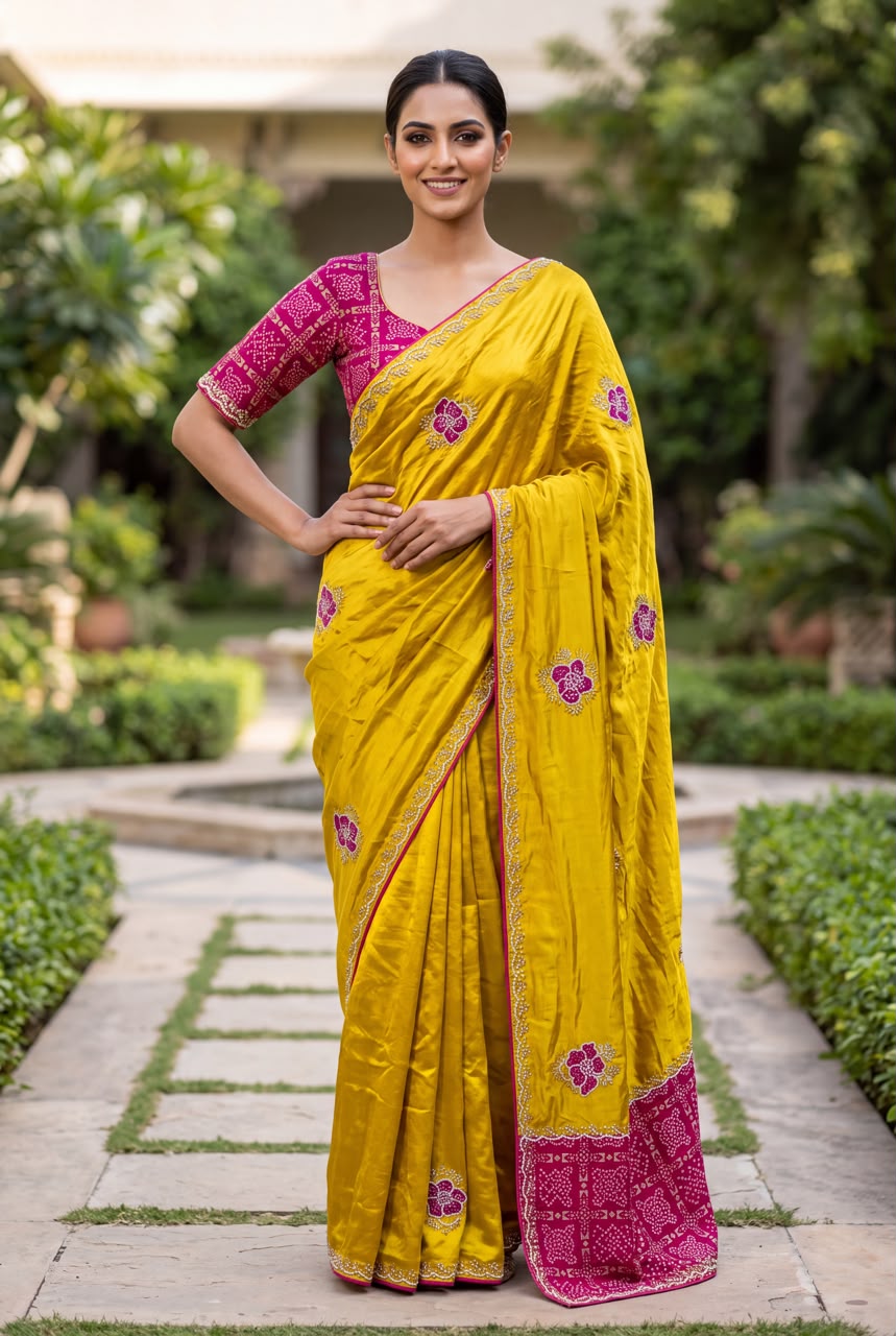 Mustard Color Satin Silk Party Wear Saree With Handwork