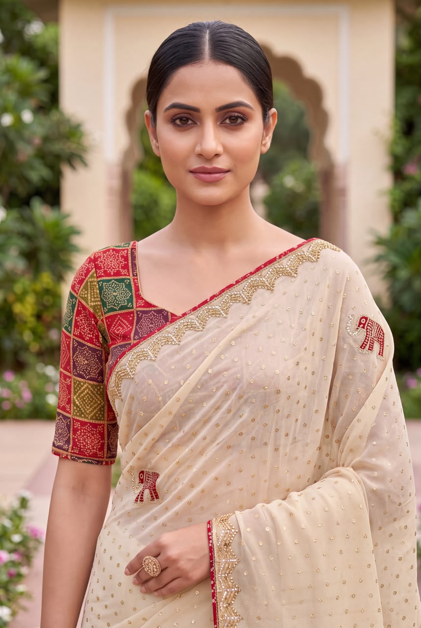 Ivory Embroidered NC Viscose Butti Saree with Red Border