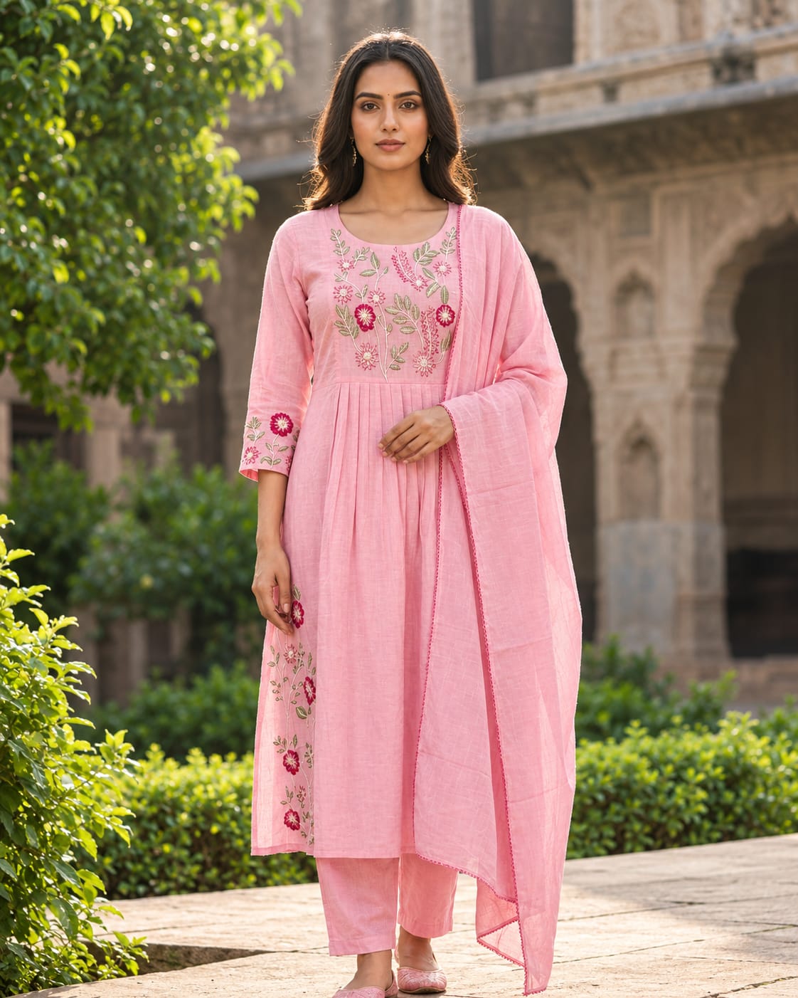 Pink Mul Chanderi Handwork Kurta Set with Roman Silk Pants & Zari Dupatta