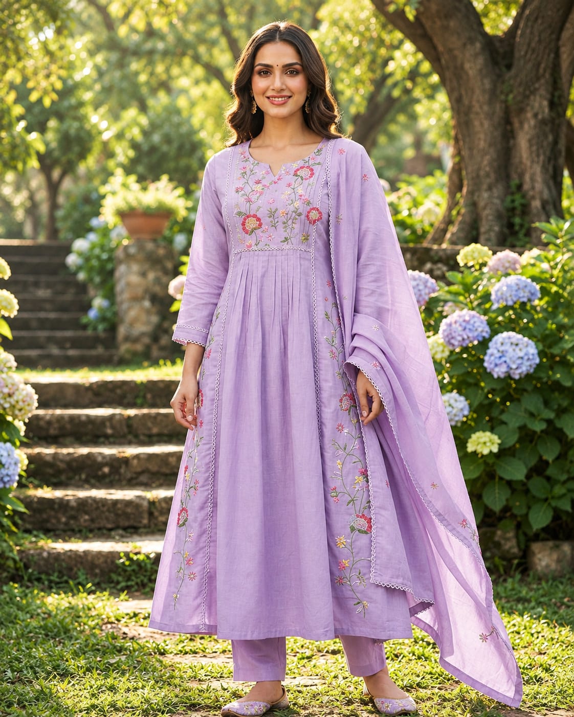 Purple Mul Chanderi Handwork Kurta Set with Zari Dupatta