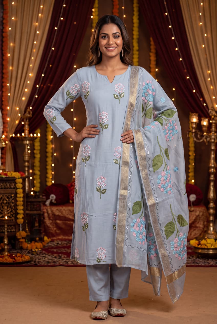 Baby Pink Mal Chanderi Floral Embroidered Kurta Set with Digital Print Dupatta & Cotton paint 3-Piece Ethnic Set