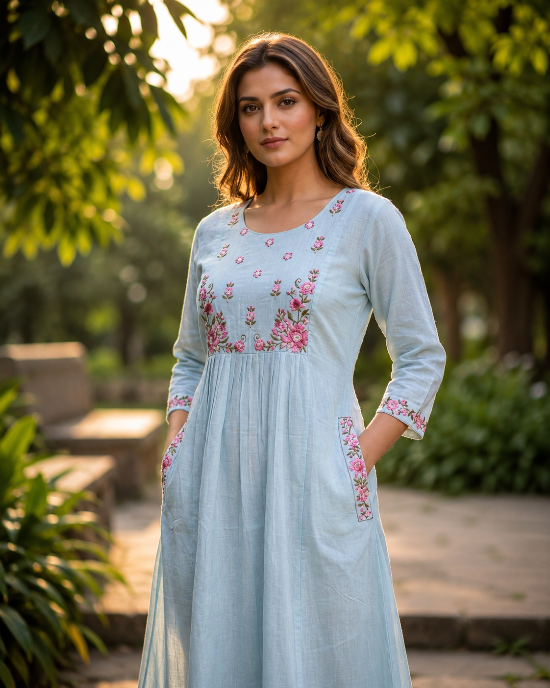 Light Blue Mul Cotton Embroidered Kurti | Floral Embroidery Anarkali Kurta | Ethnic Wear for Women | M to 2XL