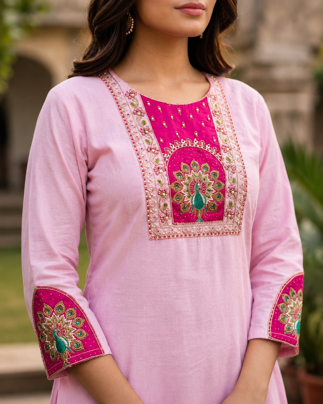 Peacock Dreams 3-Piece Suit Set | Handcrafted Embroidery on Premium Vatican Fabric | Festive Ethnic Wear for Women