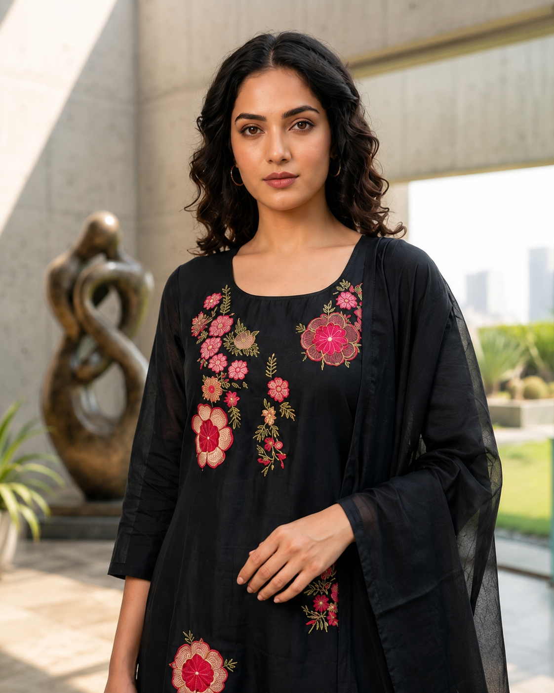 Mul Chanderi Kurta Set with Applique Work & Roman Silk Bottom