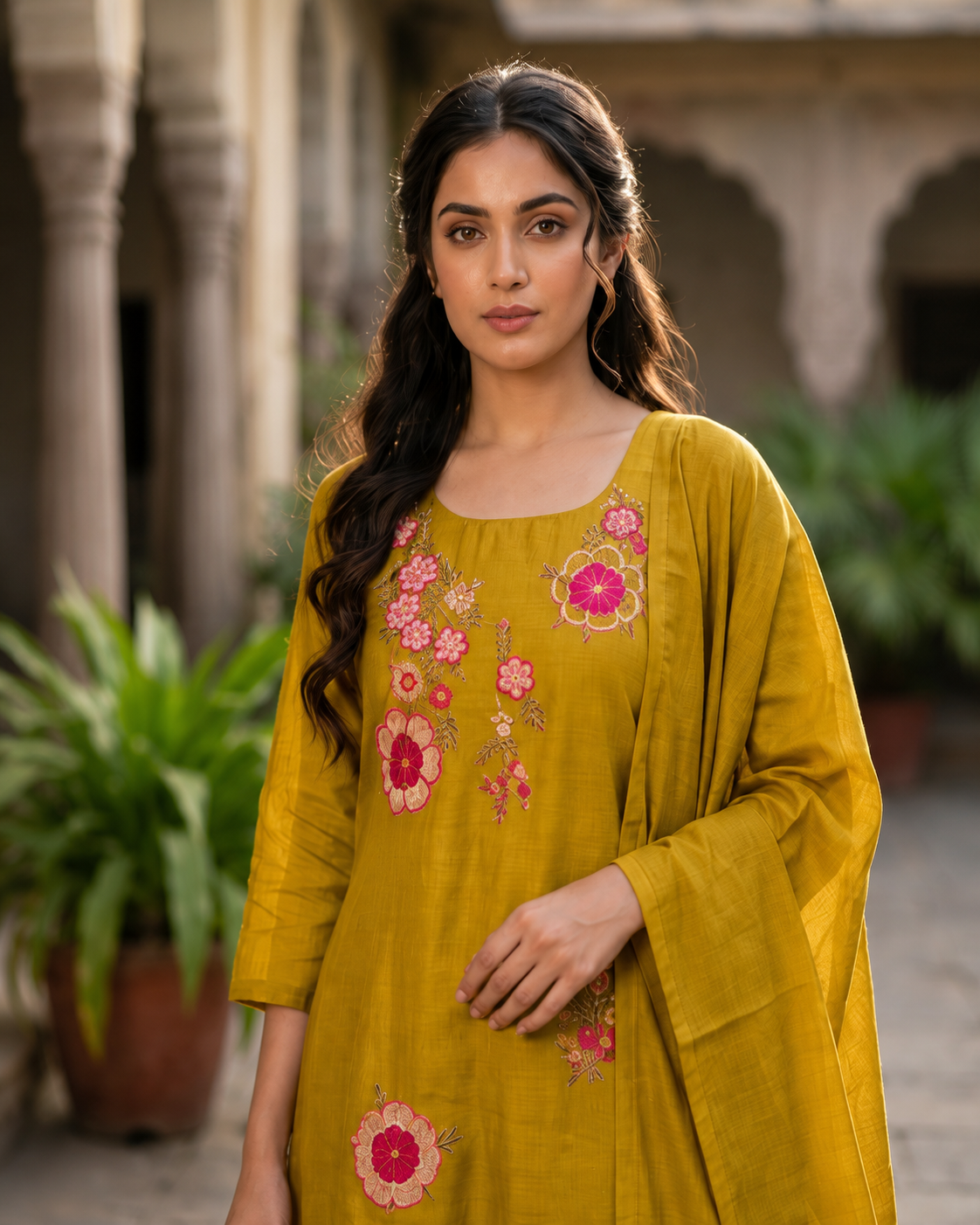 Mul Chanderi Kurta Set with Applique Work & Roman Silk Bottom