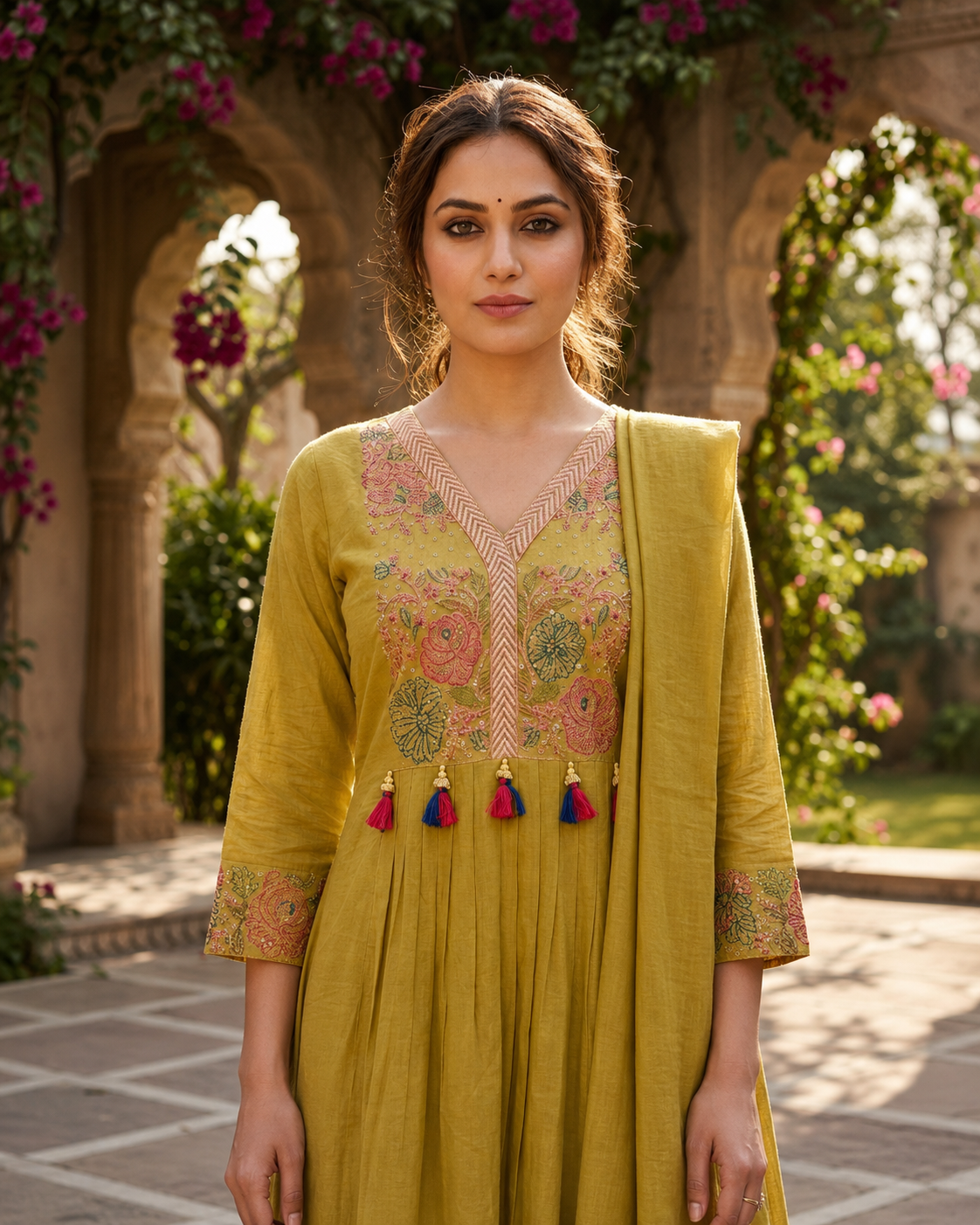 Buy Olive Yellow Mul Cotton Embroidered Anarkali Kurta Set Online | Festive 3-Piece Ethnic Wear