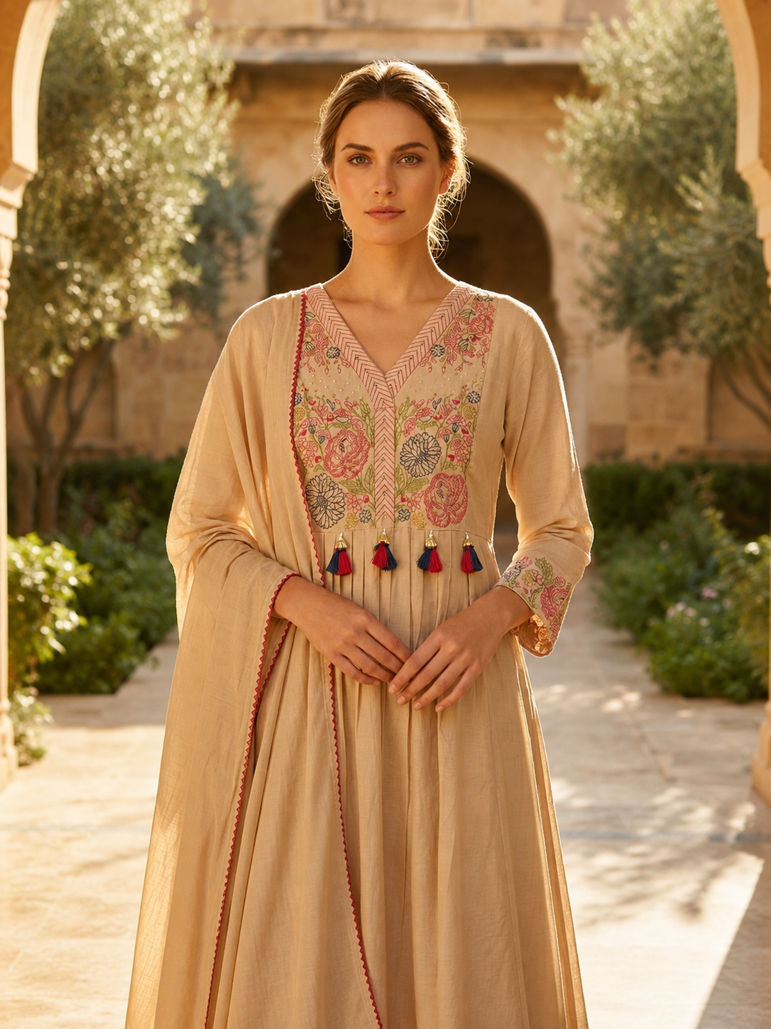 Buy Beige Mul Cotton Embroidered Anarkali Kurta Set Online | Traditional 3-Piece Salwar Suit