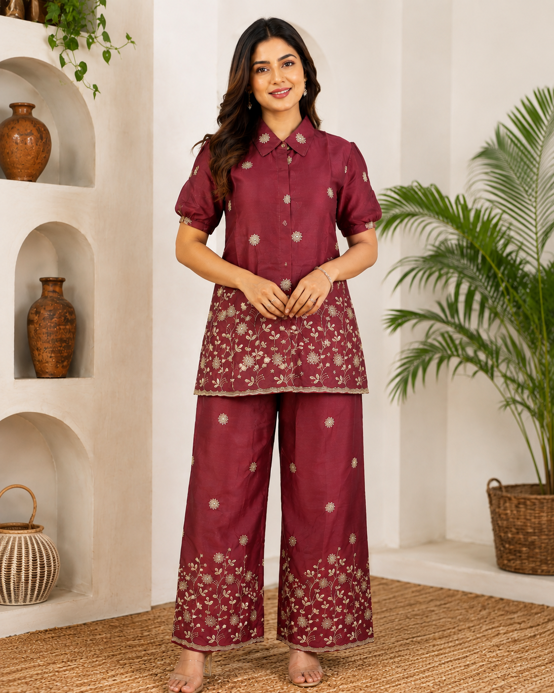 Artisan Hand-Embroidered Maroon Mul Cotton Cord Set | Floral Shirt & Palazzo for Women