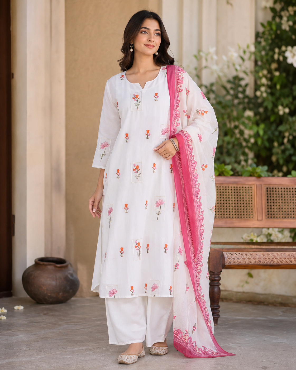 White Mal Chanderi Floral Embroidered Kurta Set with Digital Print Dupatta & Cotton paint  3-Piece Ethnic Set