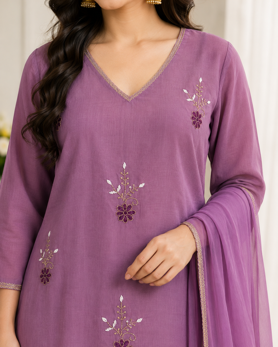 Artisanal Mauve Hand-work Mal Chanderi Kurti Set