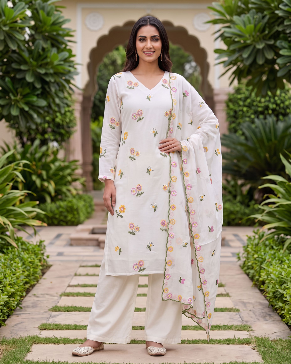 Breathable Cotton 3-Piece Embroidered Suit Set for Women – Kurta, Palazzo & Dupatta
