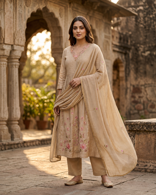 Beige Mul Chanderi Anarkali Suit 