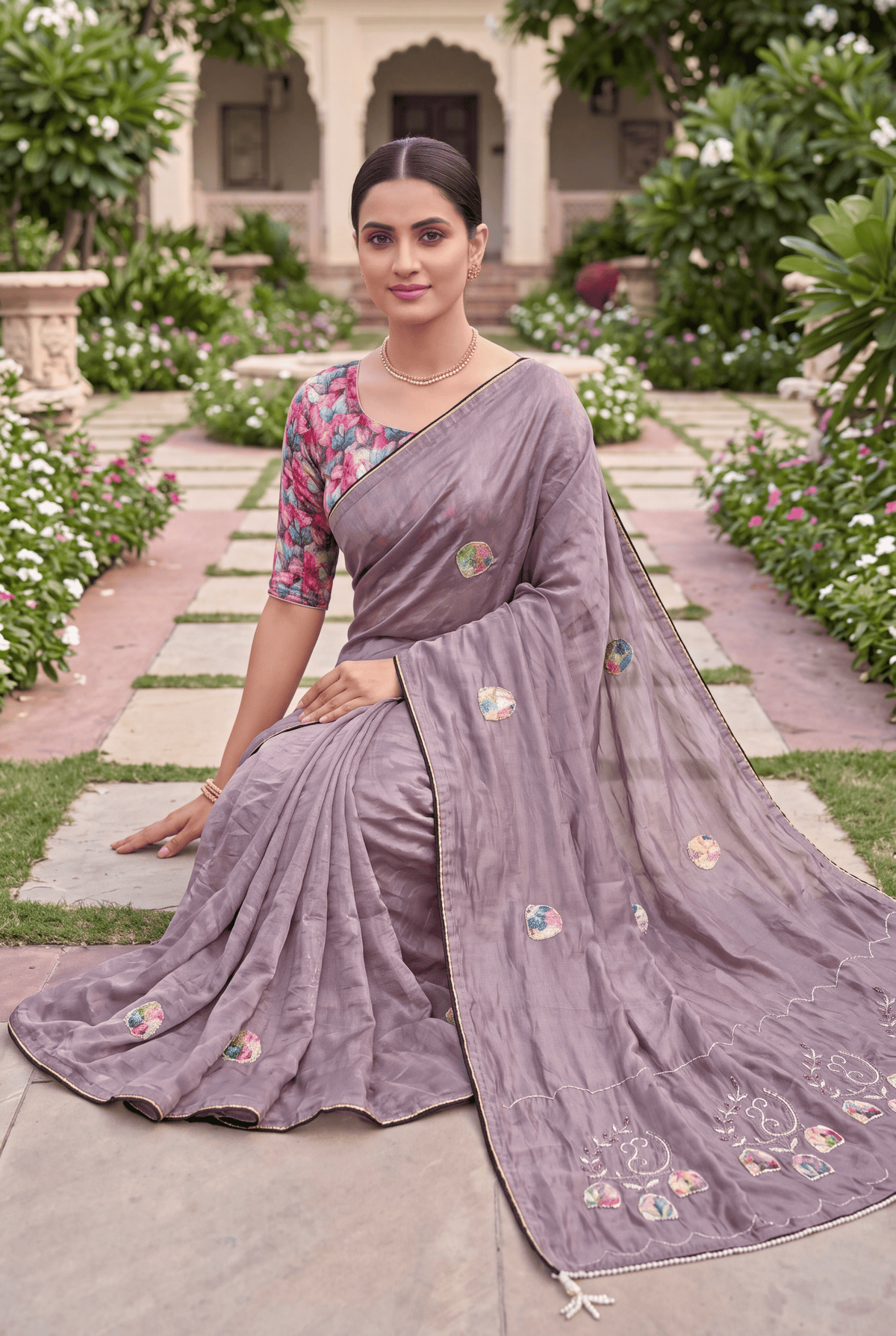 Lavender Handwork Embroidered festive Wear Saree
