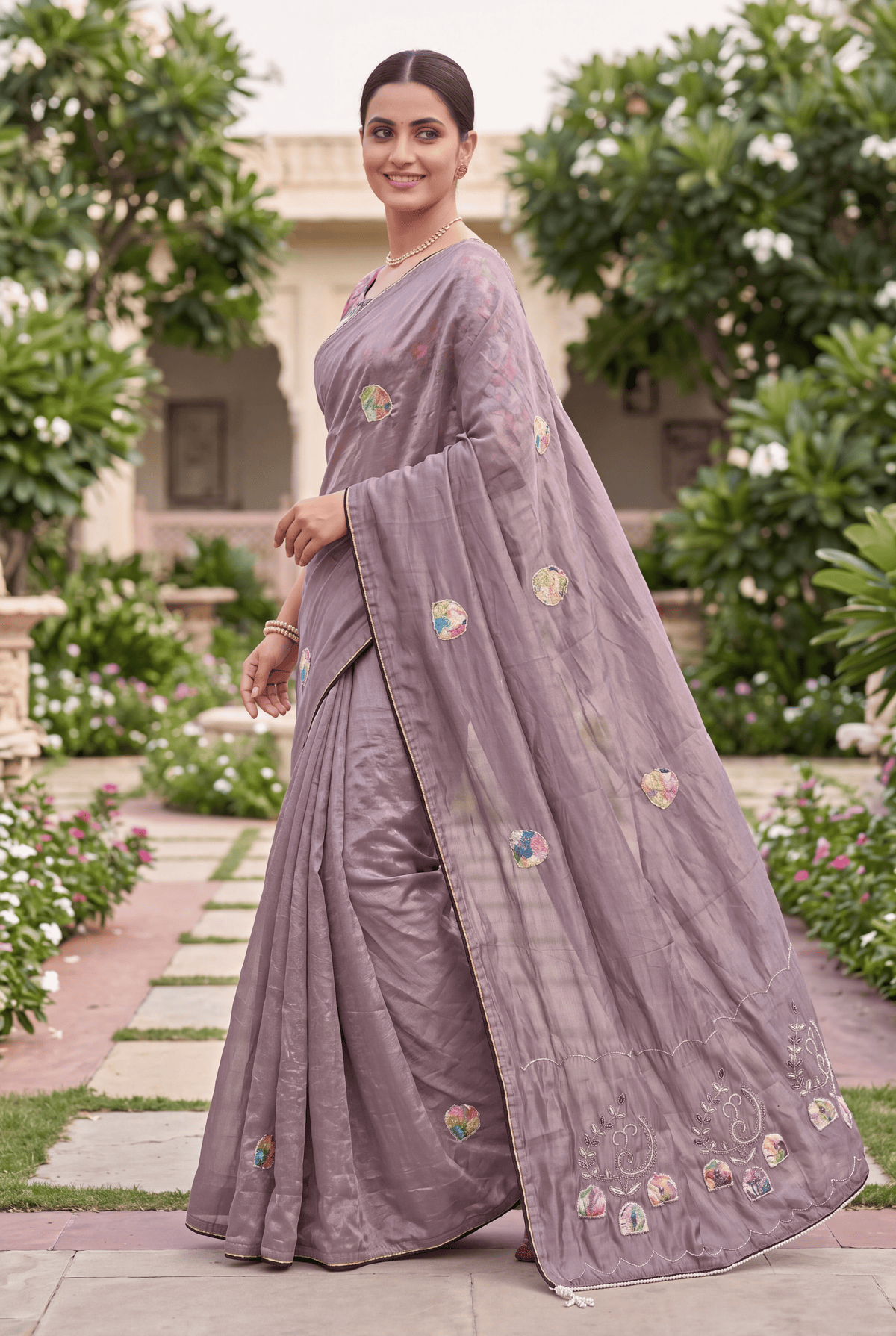 Lavender Handwork Embroidered festive Wear Saree