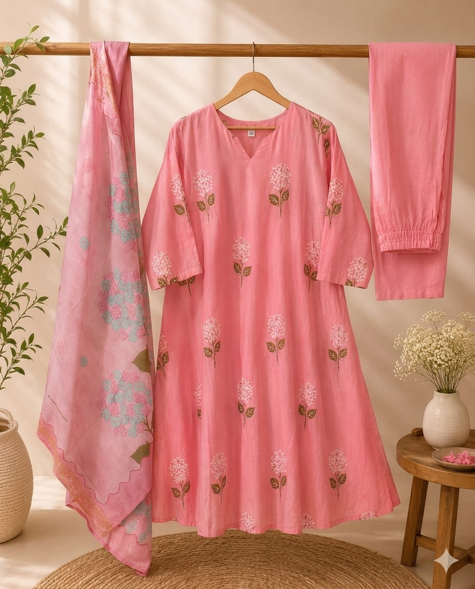Baby Pink Mal Chanderi Floral Embroidered Kurta Set with Digital Print Dupatta & Cotton paint 3-Piece Ethnic Set
