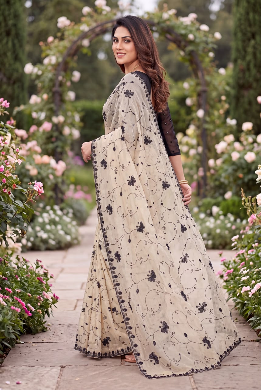 Beige Satin Saree With Black Thread Embroidery
