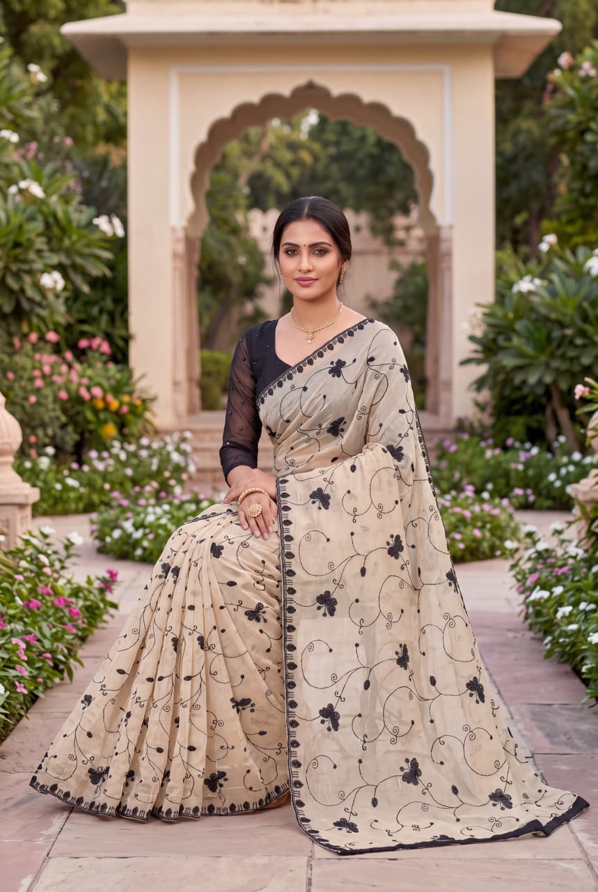 Beige Satin Saree With Black Thread Embroidery