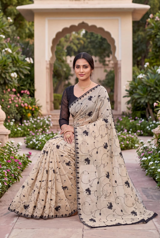 Beige Satin Saree With Black Thread Embroidery