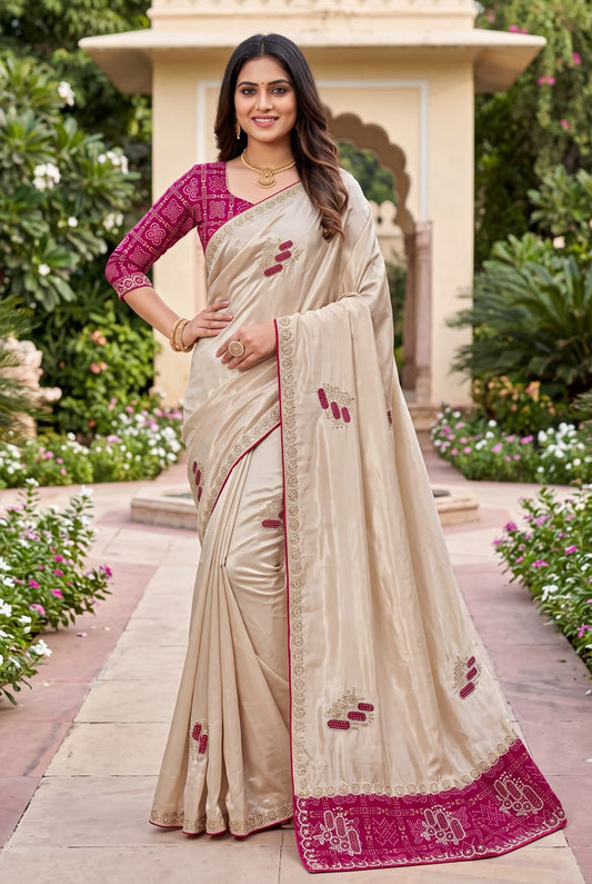 Elegant Satin Silk Saree With Rani Pink Border