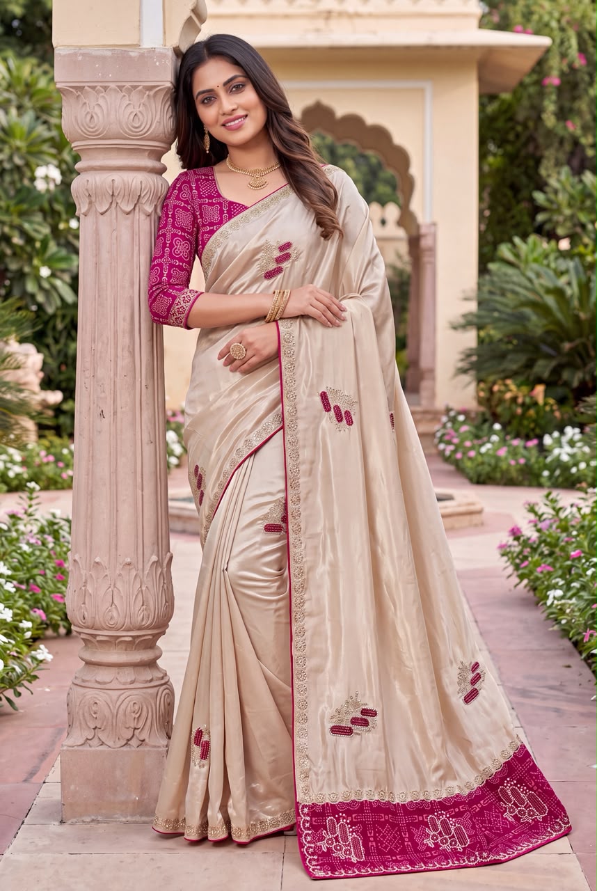 Elegant Satin Silk Saree With Rani Pink Border