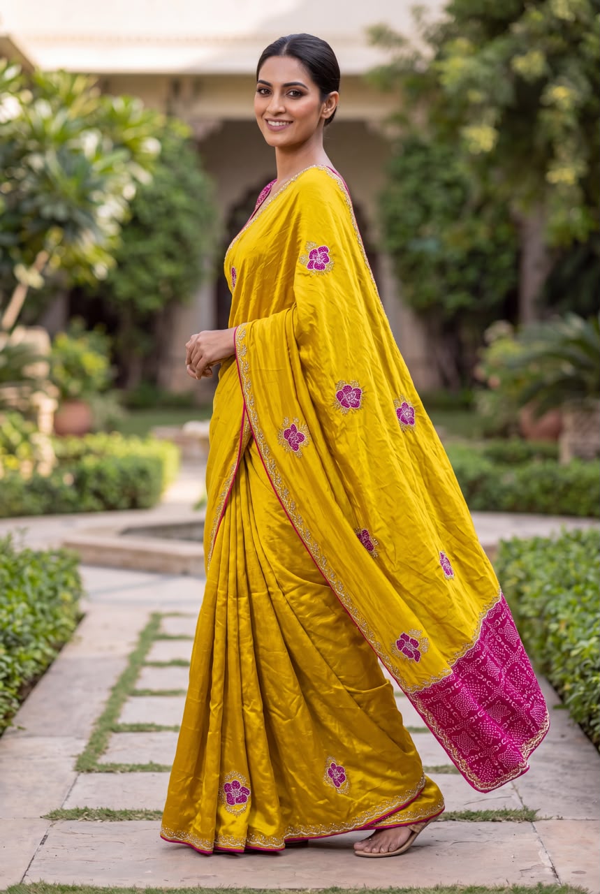 Mustard Color Satin Silk Party Wear Saree With Handwork