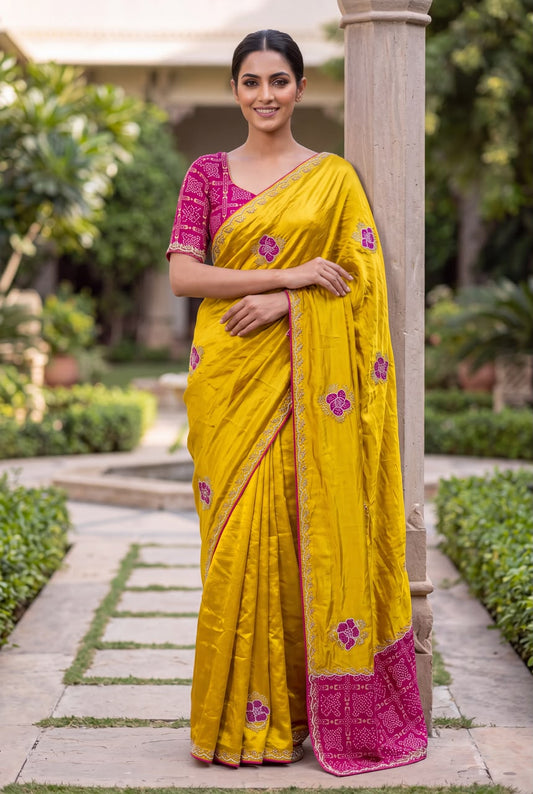Mustard Color Satin Silk Party Wear Saree With Handwork