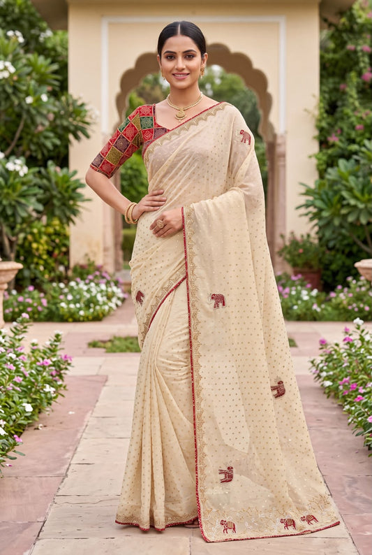 Ivory Embroidered NC Viscose Butti Saree with Red Border
