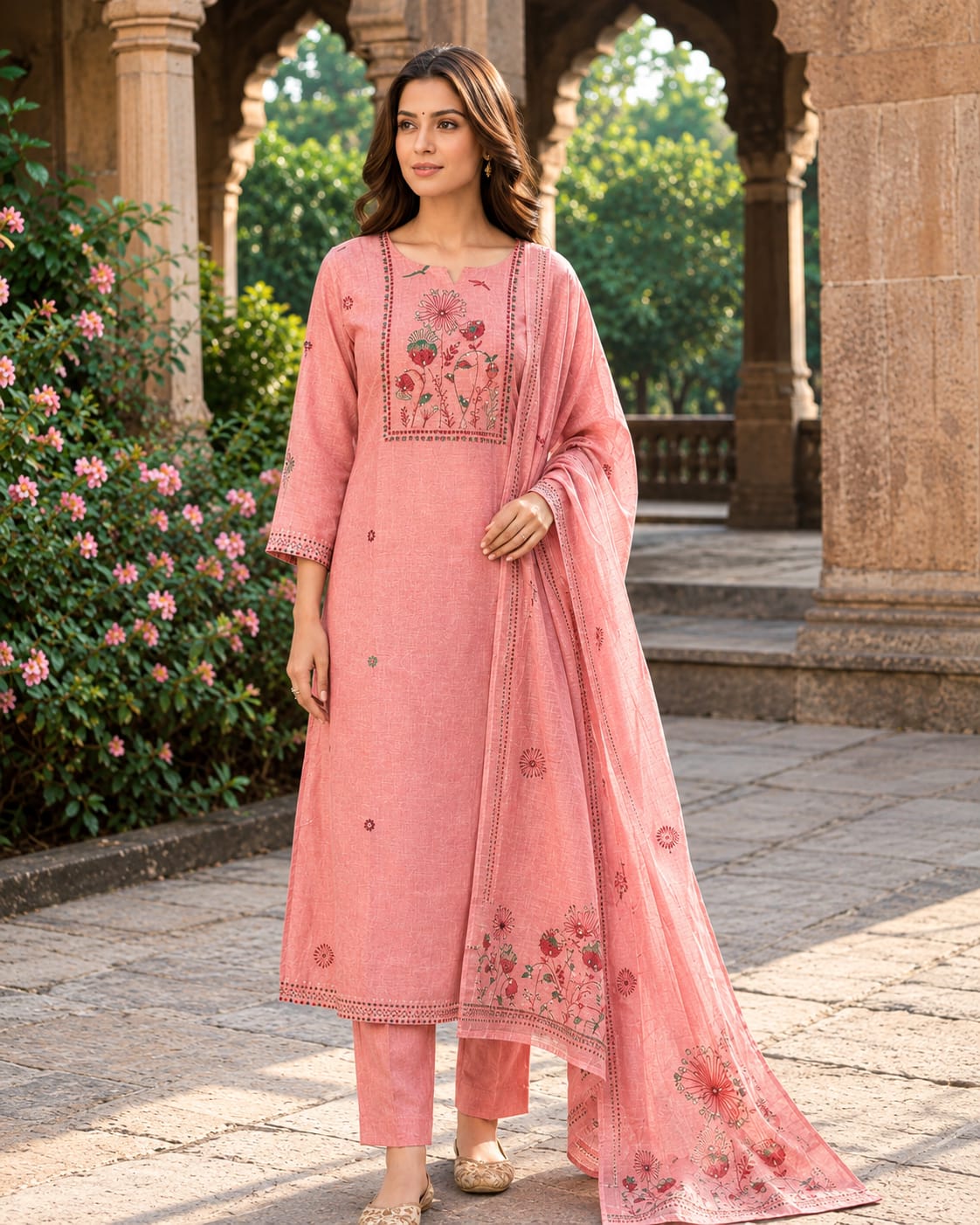 Peach Embroidered Jamdani 3-Piece Kurta Set with Jacquard Dupatta