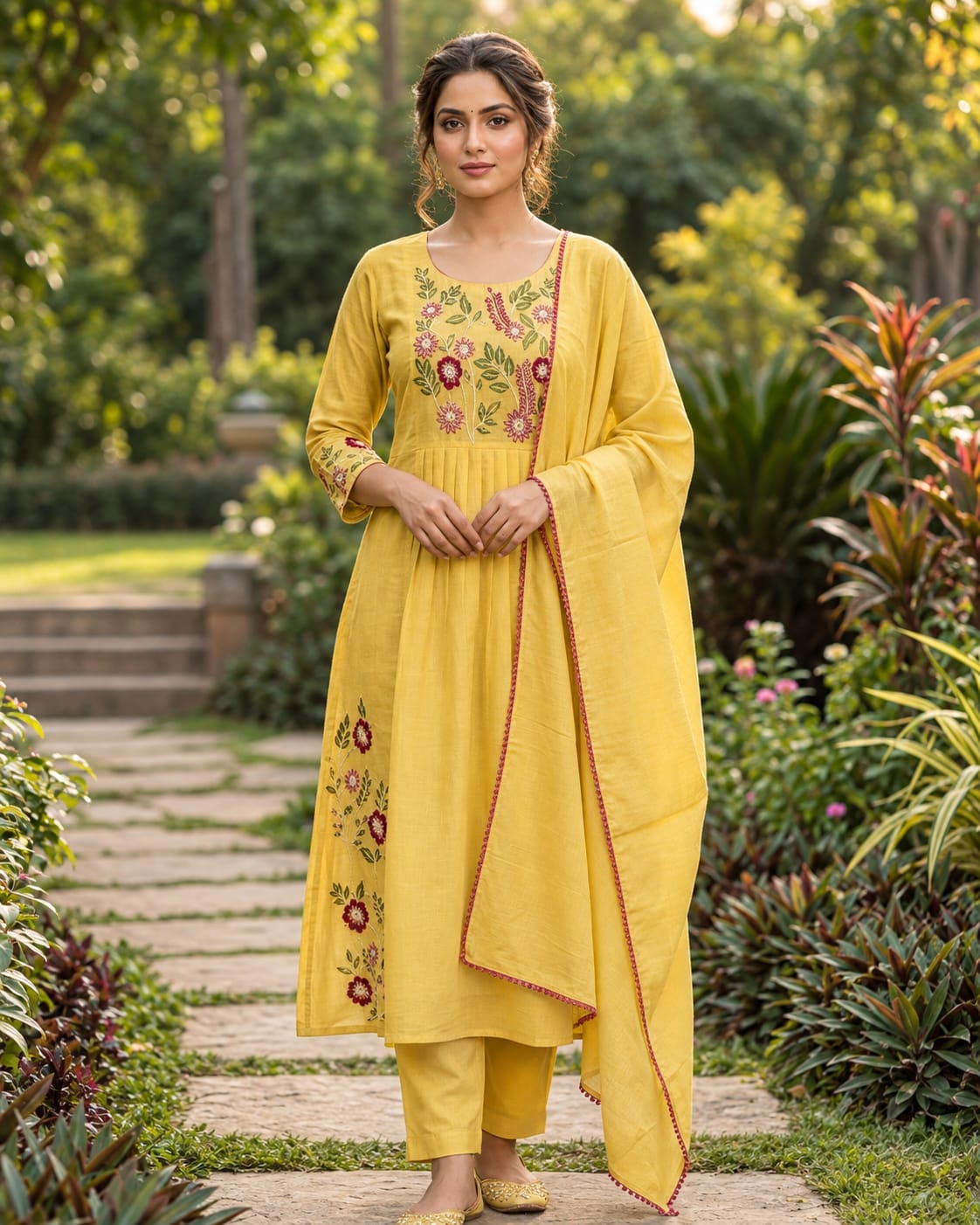 Yellow Mul Chanderi Handwork Kurta Set with Zari Dupatta
