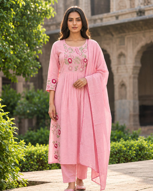 Pink Mul Chanderi Handwork Kurta Set with Roman Silk Pants & Zari Dupatta