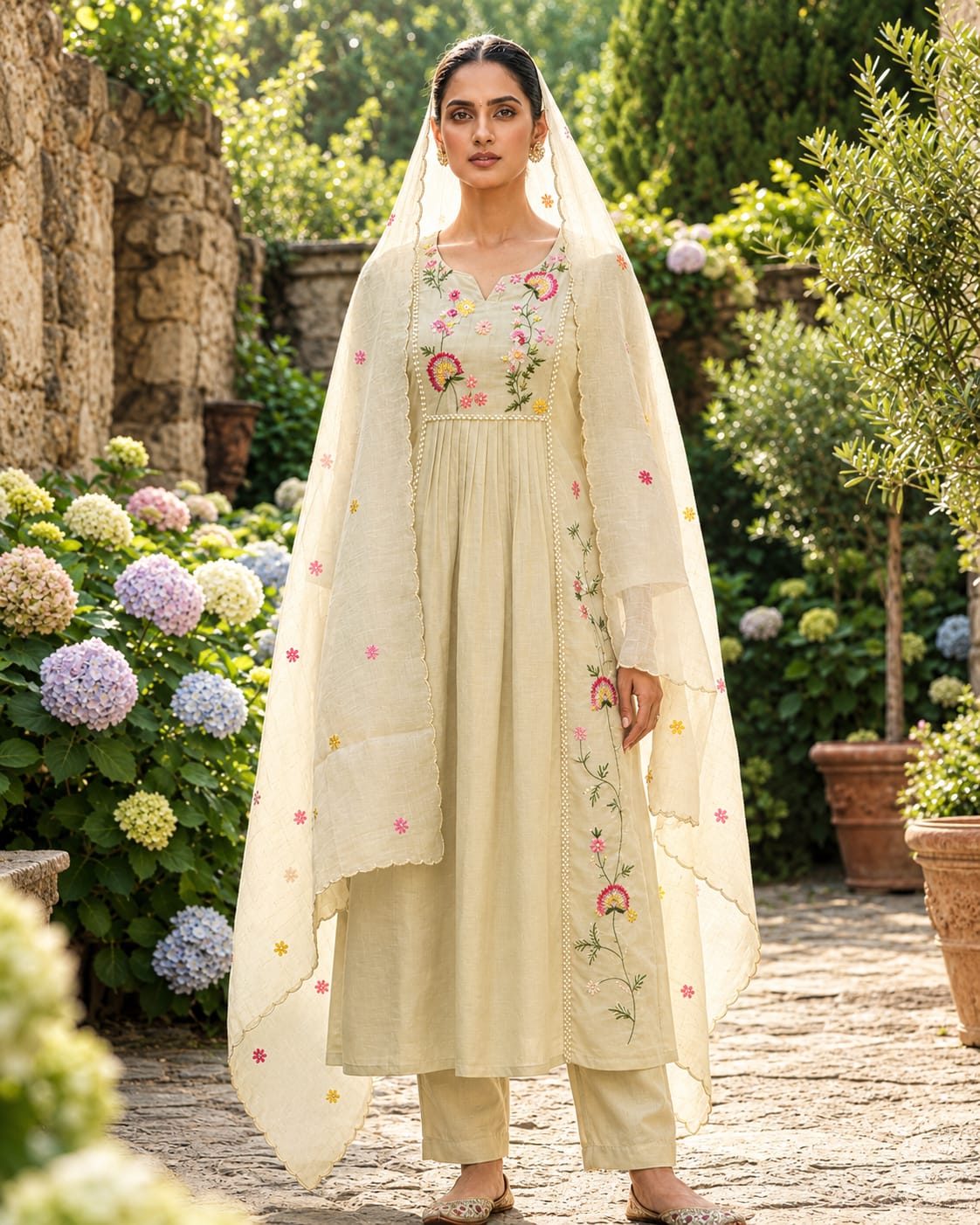 Beige Mul Chanderi Handwork Kurta Set with Zari Dupatta