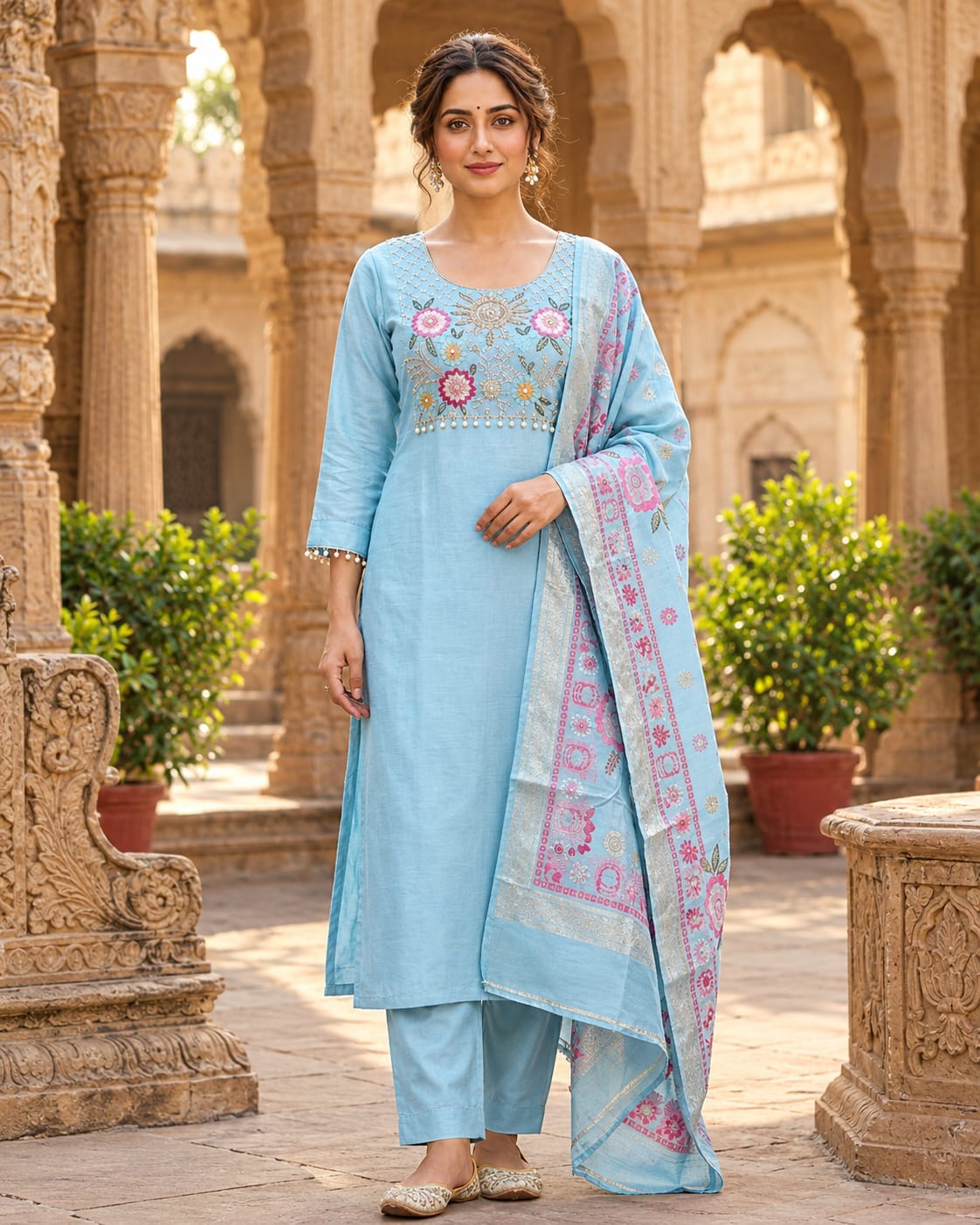 Light Blue Linen Shimmer Beads Embroidered Kurta Set with Printed Dupatta