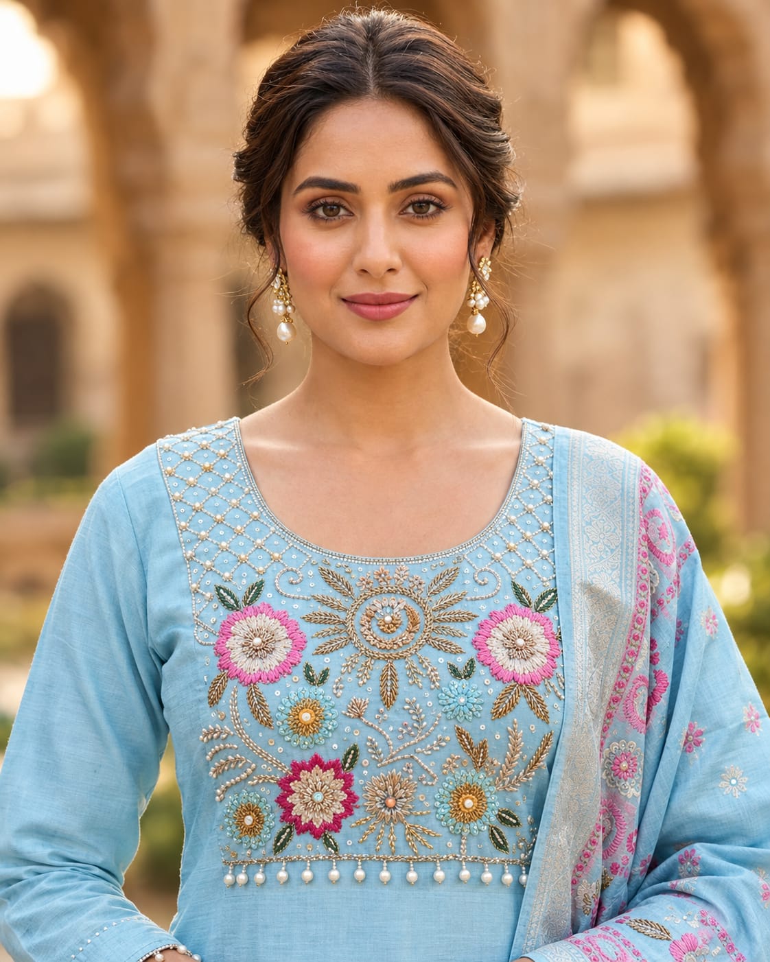 Light Blue Linen Shimmer Beads Embroidered Kurta Set with Printed Dupatta
