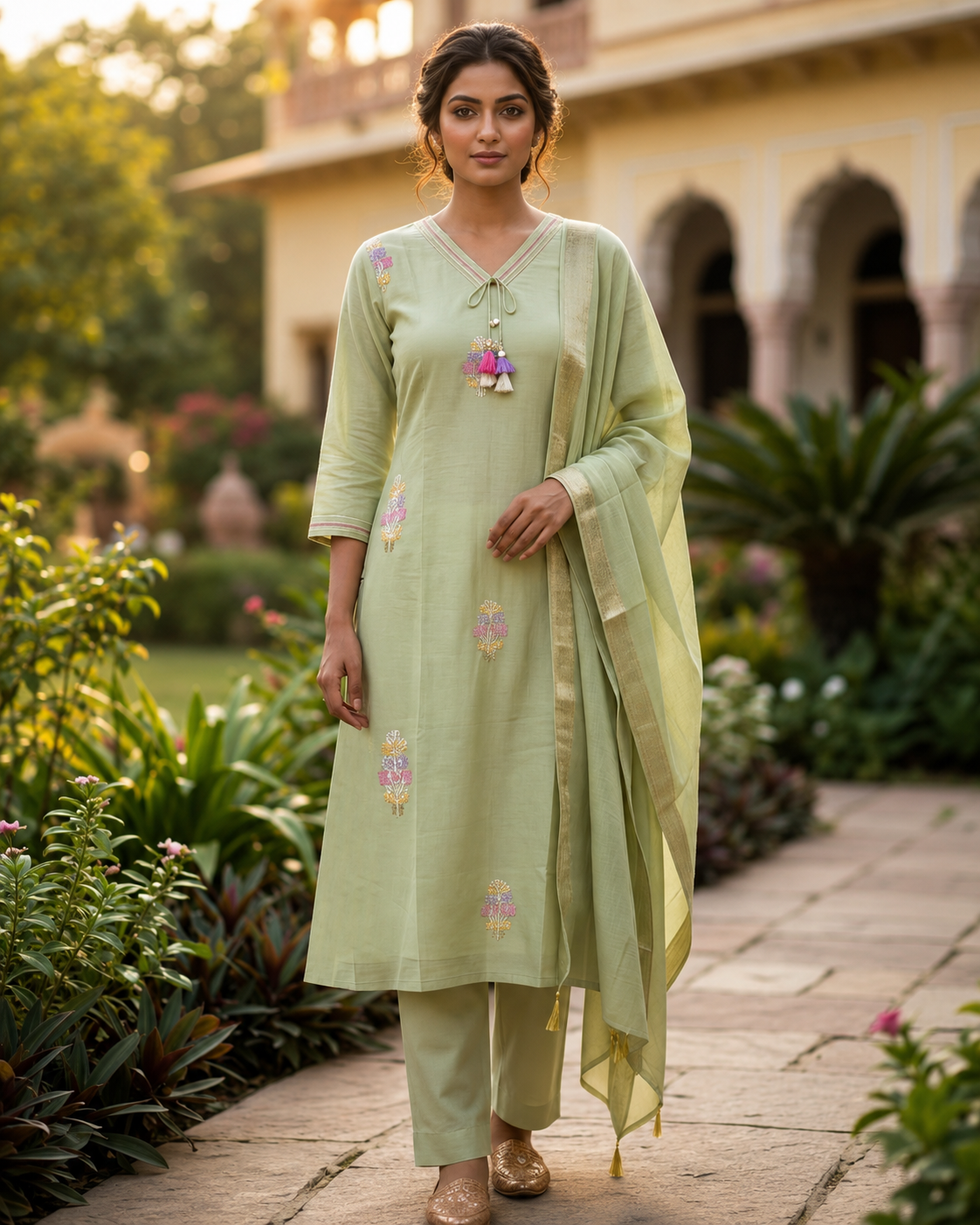 Sage Green Floral Embroidered Kurta Suit Set