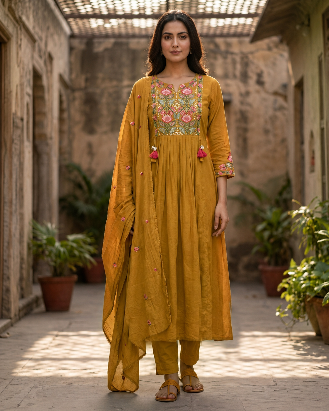 Mutard Mul Cotton Embroidered Anarkali Kurta Set