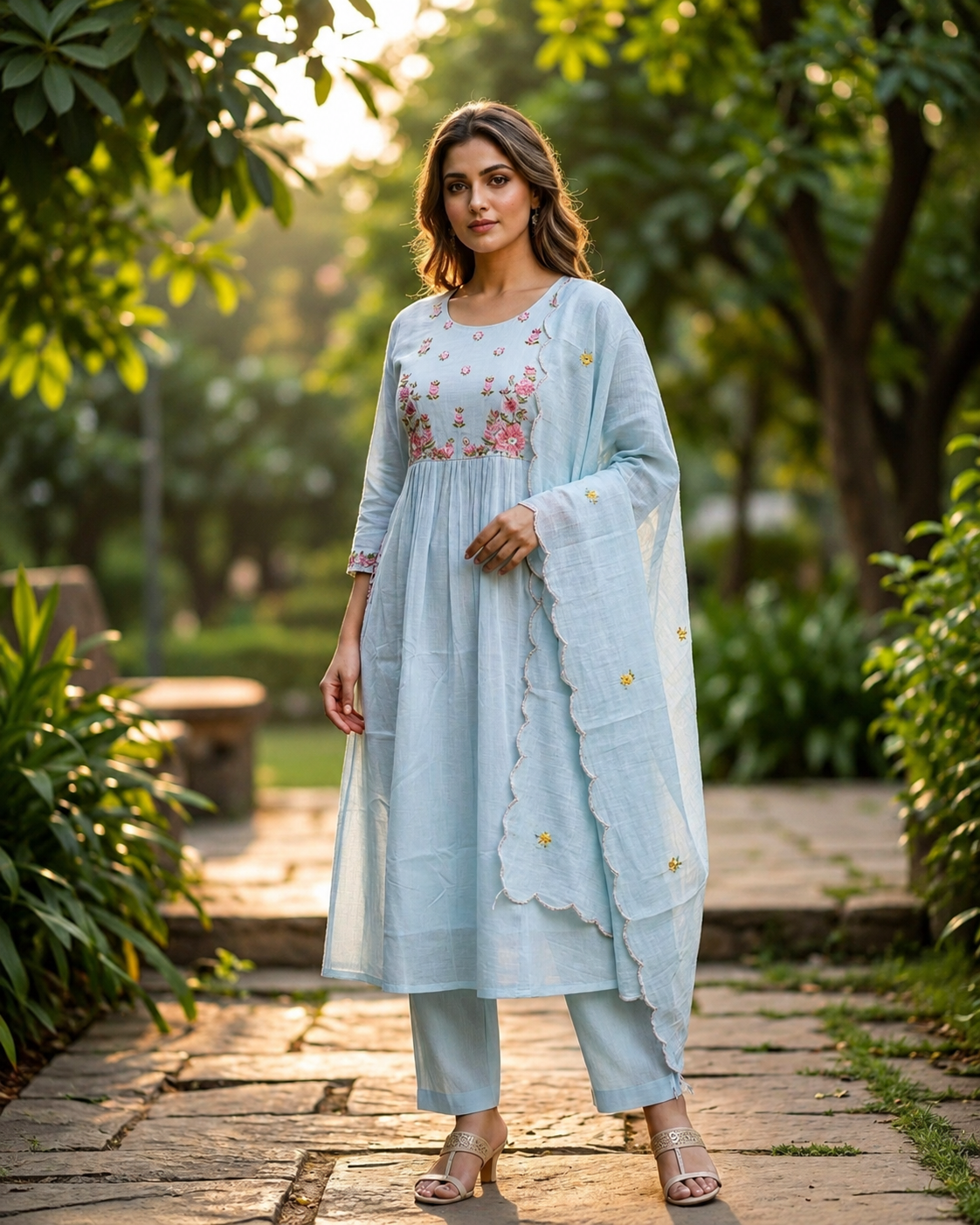 Light Blue Mul Cotton Embroidered Kurti | Floral Embroidery Anarkali Kurta | Ethnic Wear for Women | M to 2XL