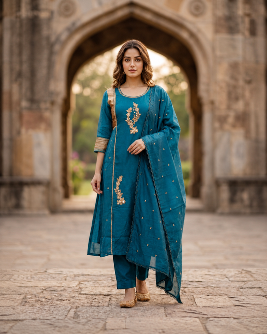 SUJATA: Exquisite Mul Chanderi & Roman Silk Kurta Set