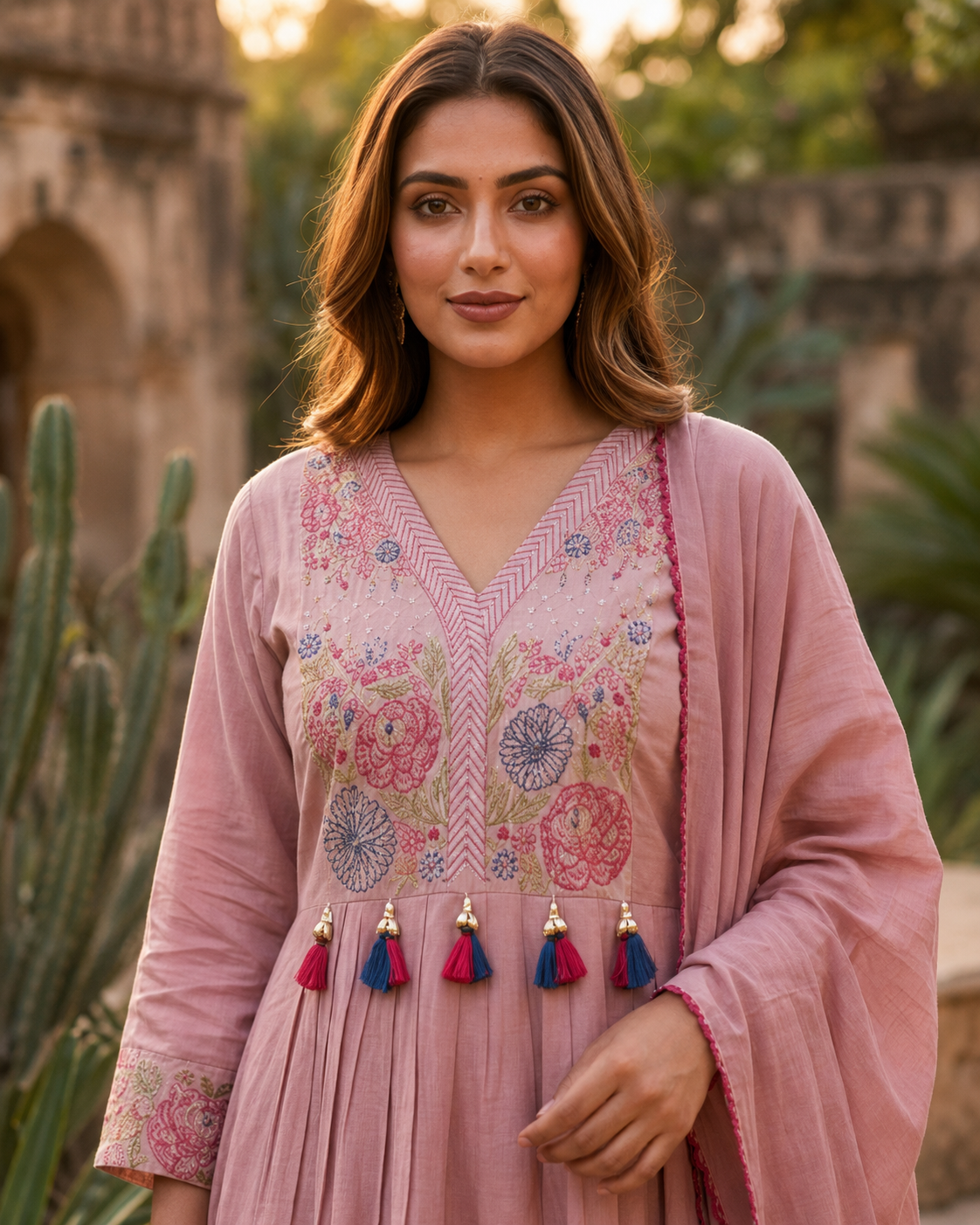 Buy Dusty Rose Mul Cotton Embroidered Anarkali Kurta Set Online | 3-Piece Ethnic Wear for Women