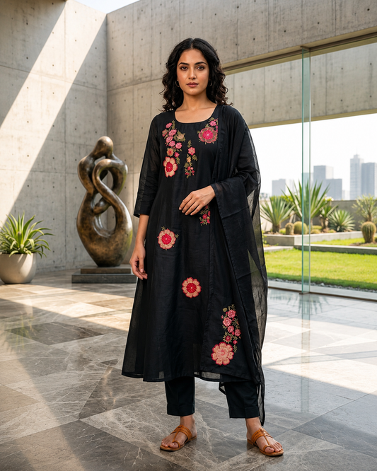 Mul Chanderi Kurta Set with Applique Work & Roman Silk Bottom