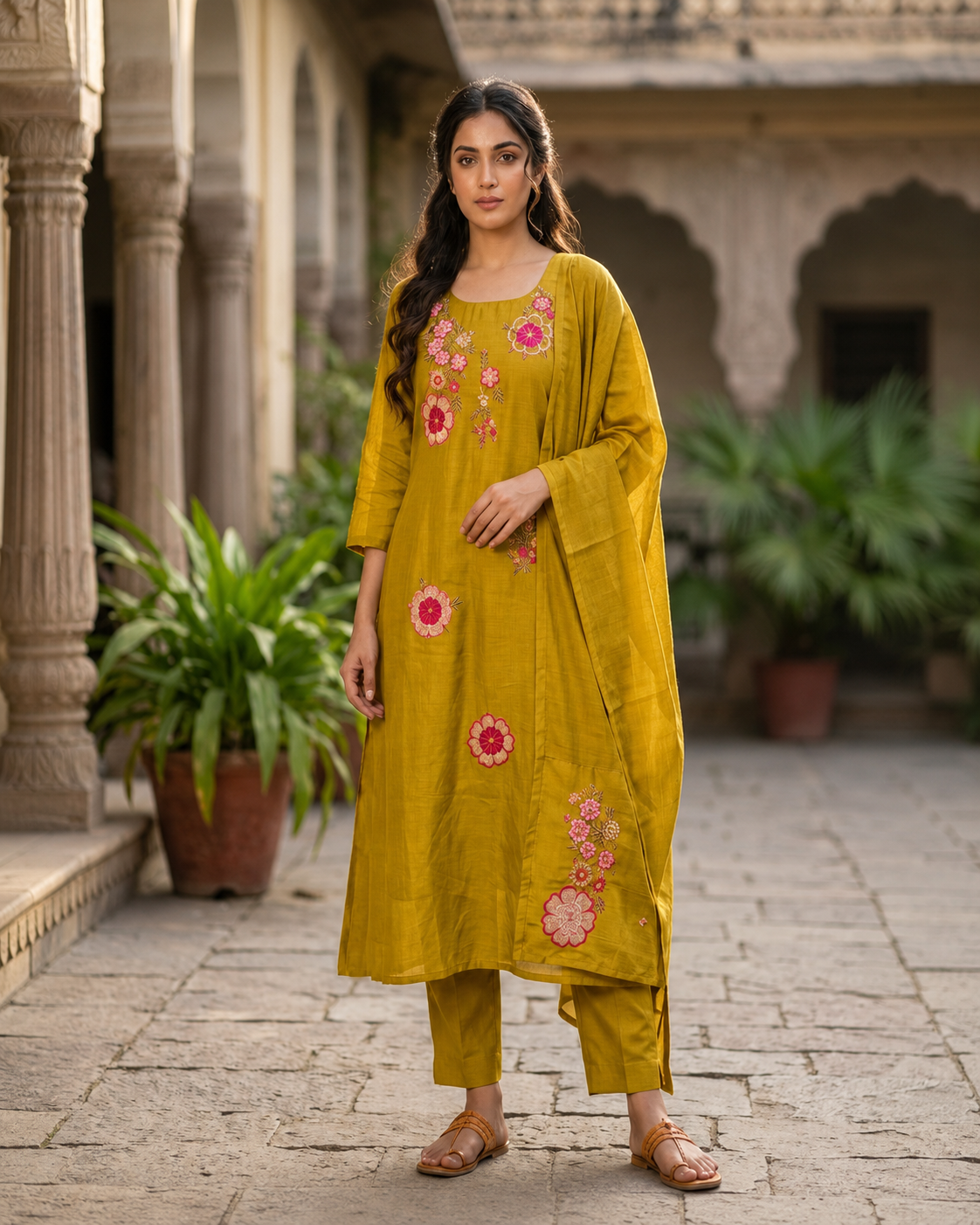 Mul Chanderi Kurta Set with Applique Work & Roman Silk Bottom