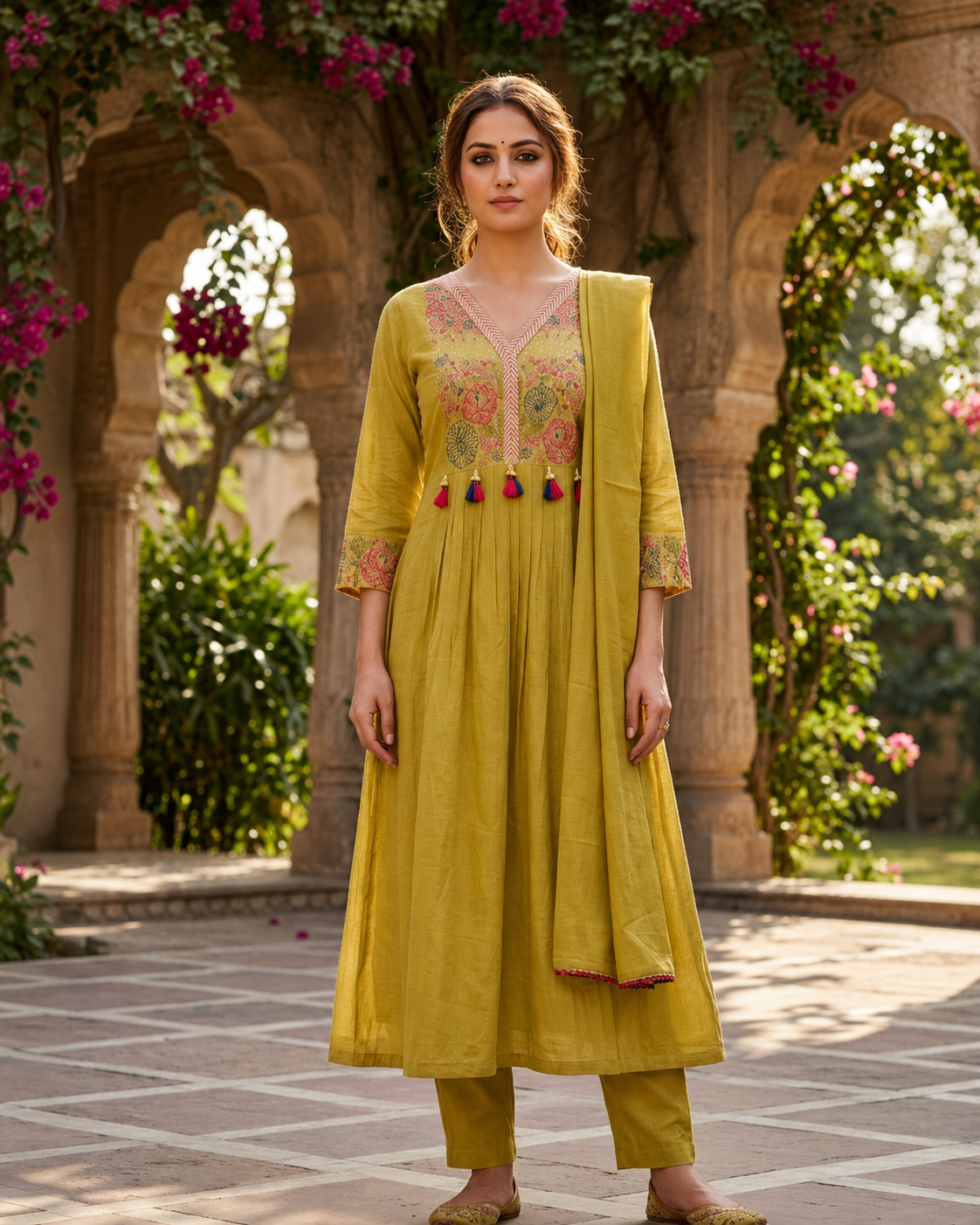 Buy Olive Yellow Mul Cotton Embroidered Anarkali Kurta Set Online | Festive 3-Piece Ethnic Wear