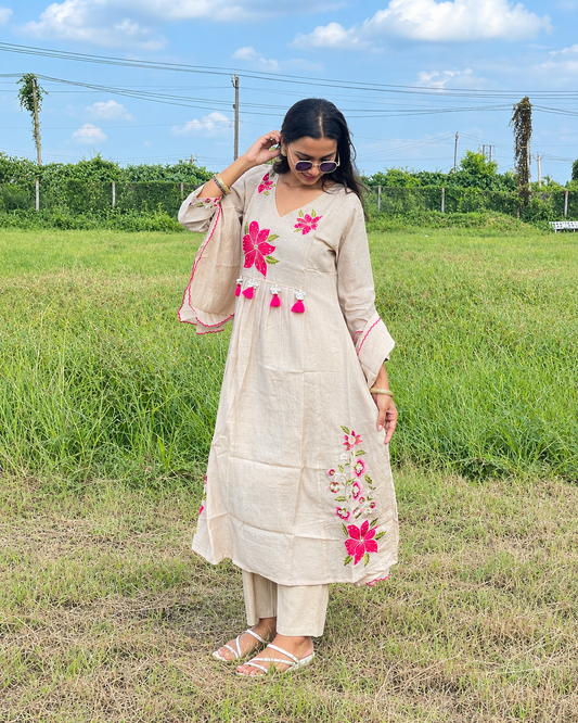 Floral Embroidered Chanderi Kurta Set for Women