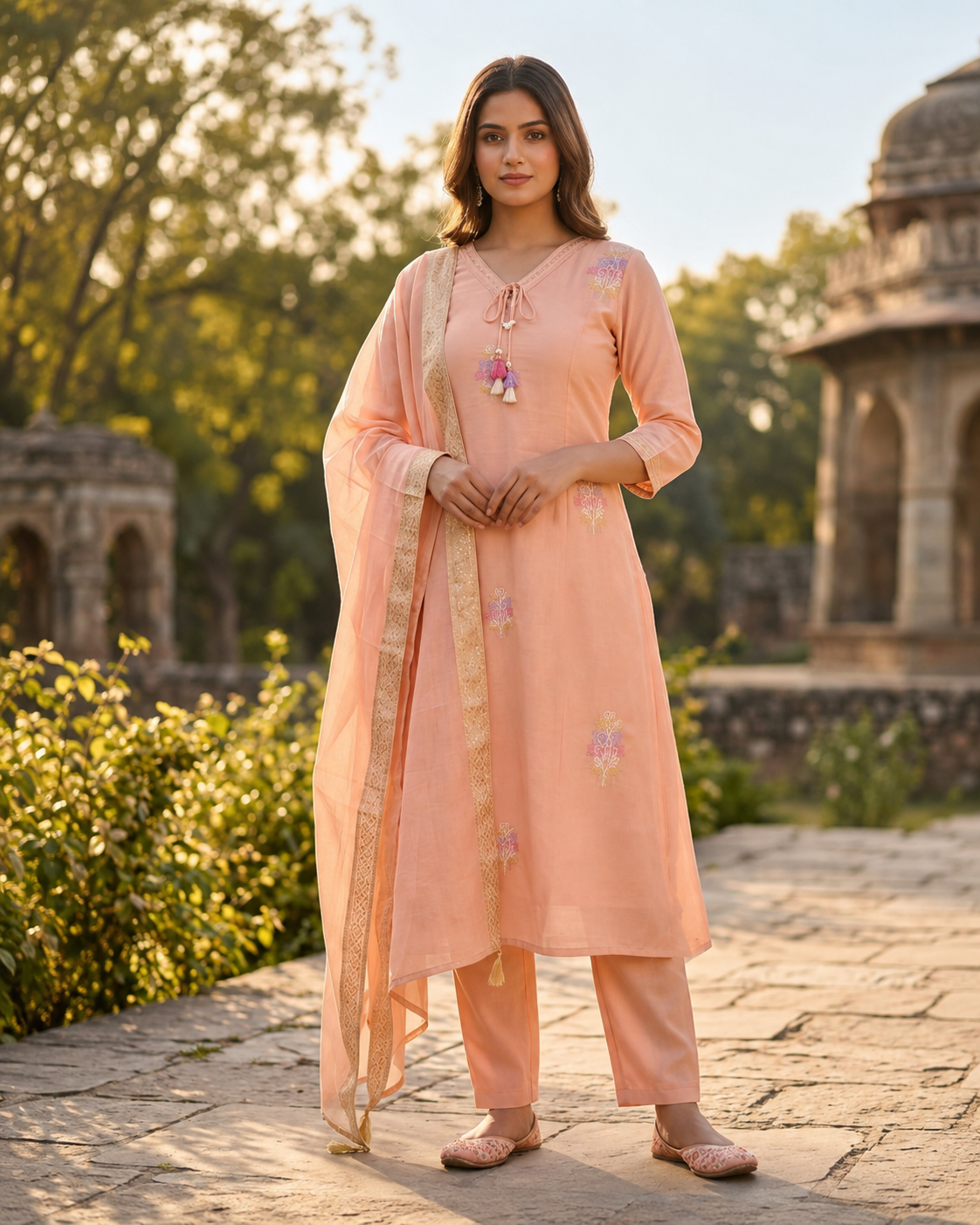 Peach Floral Embroidered Straight Kurta Suit Set
