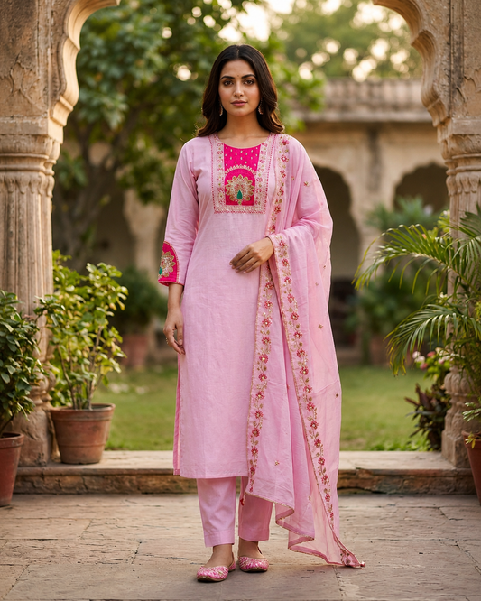 Peacock Dreams 3-Piece Suit Set | Handcrafted Embroidery on Premium Vatican Fabric | Festive Ethnic Wear for Women