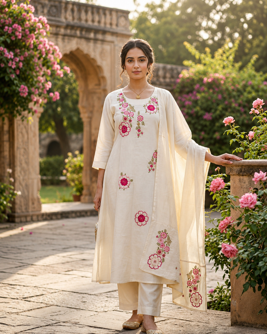 Mul Chanderi Kurta Set with Applique Work &amp; Roman Silk Bottom