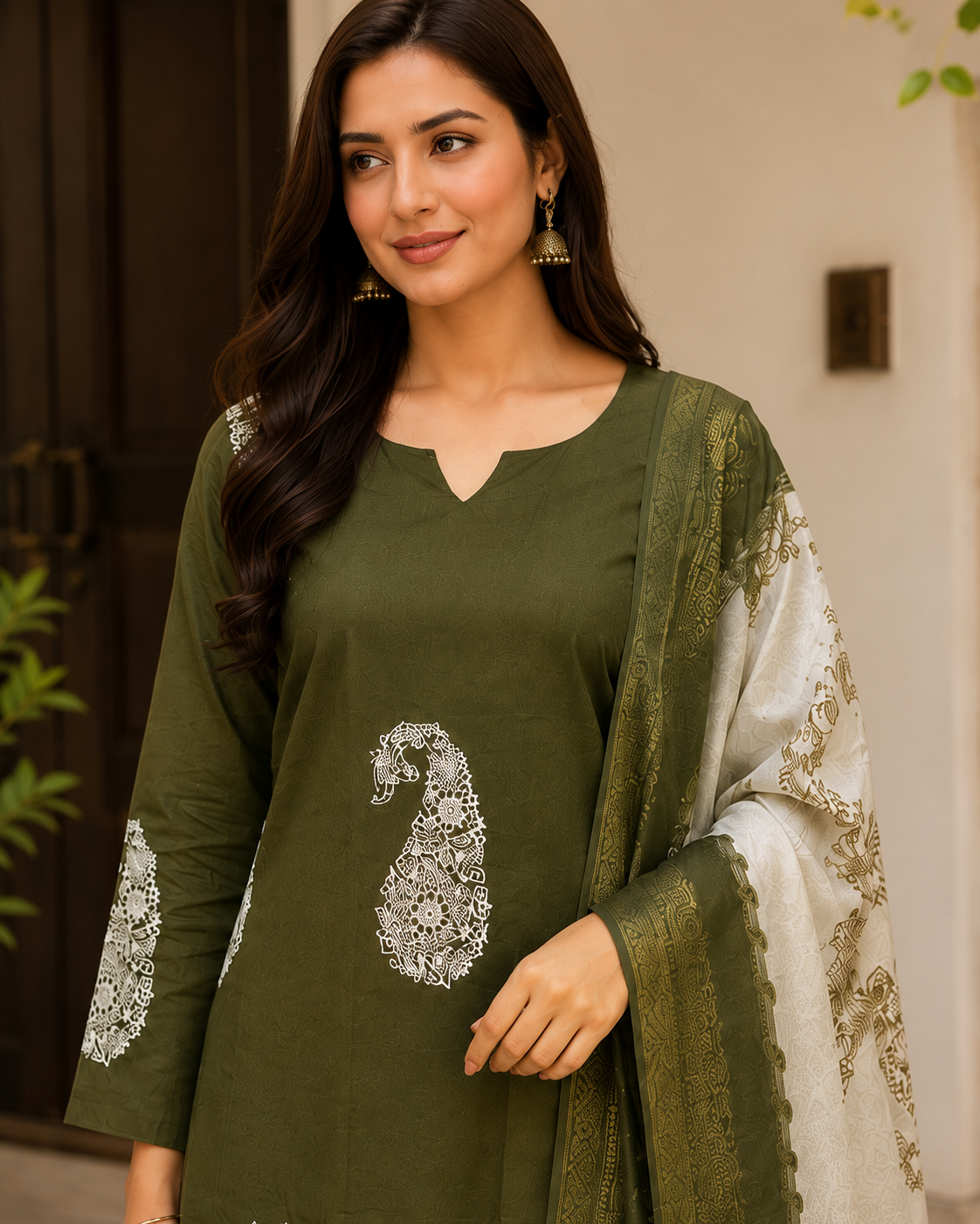 Olive Green Embroidered Mal Chanderi Kurta with Digital Print Dupatta