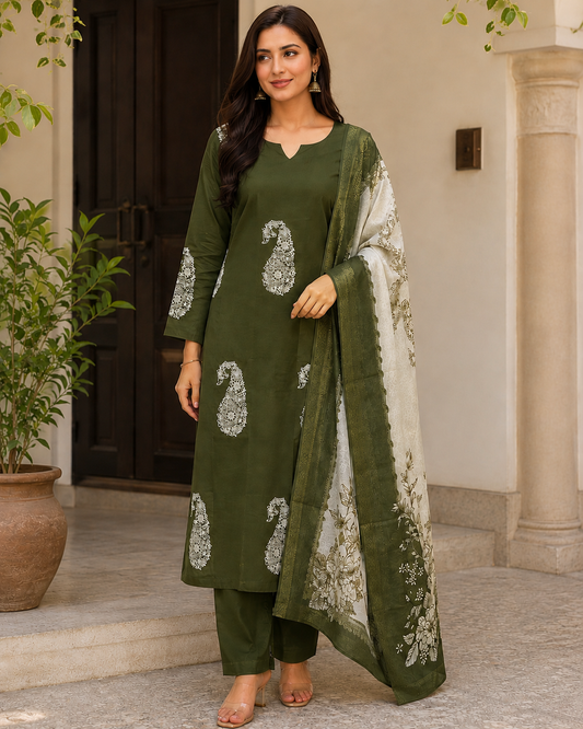 Olive Green Embroidered Mal Chanderi Kurta with Digital Print Dupatta