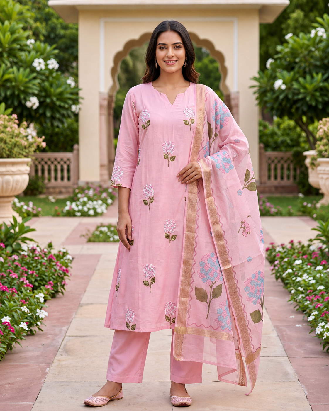 Baby Pink Mal Chanderi Floral Embroidered Kurta Set with Digital Print Dupatta & Cotton paint 3-Piece Ethnic Set